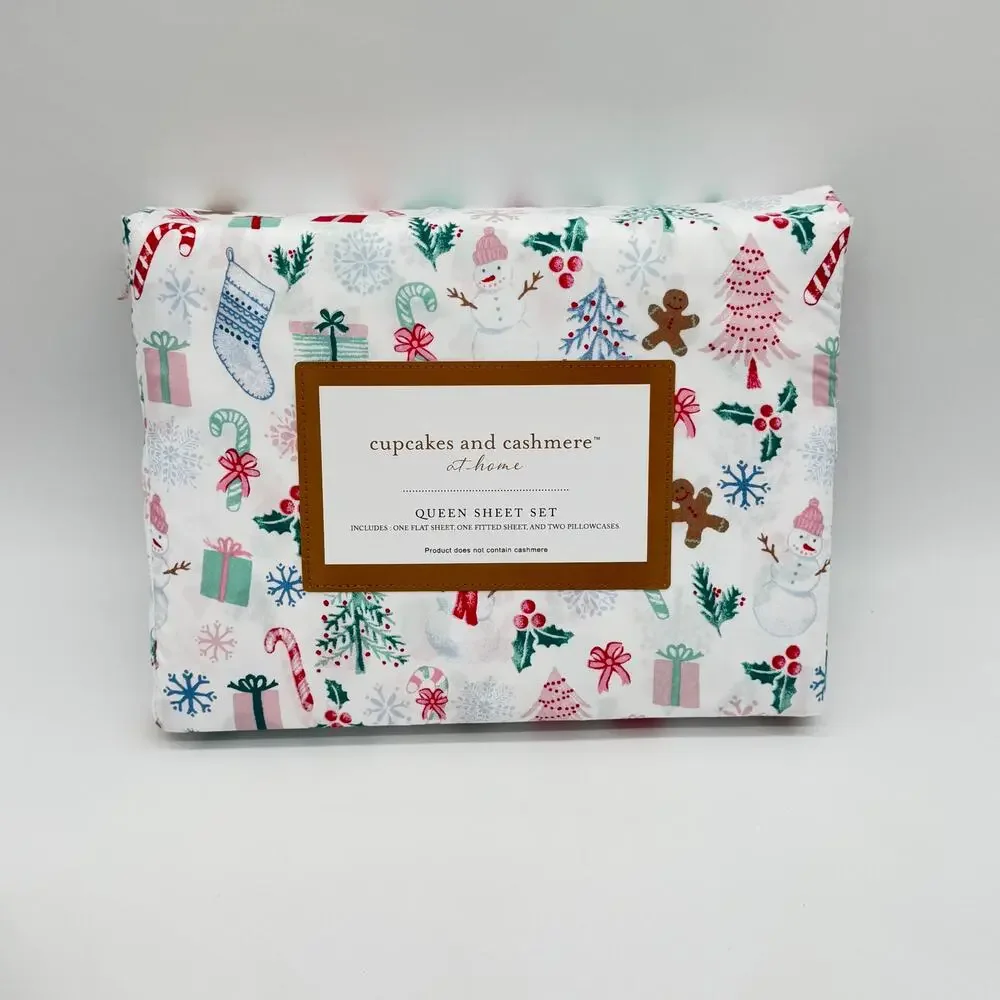 Cupcakes & Cashmere QUEEN Christmas Sheet Set Gingerbread Man Snowman Gifts NEW